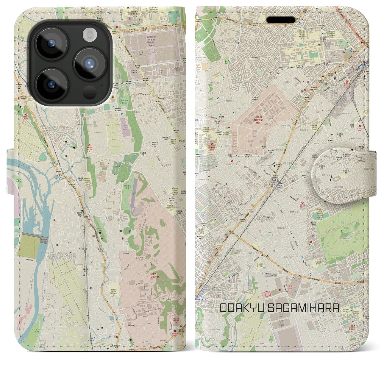 【小田急相模原】地図柄iPhoneケース（手帳両面タイプ・ナチュラル）iPhone 15 Pro Max 用