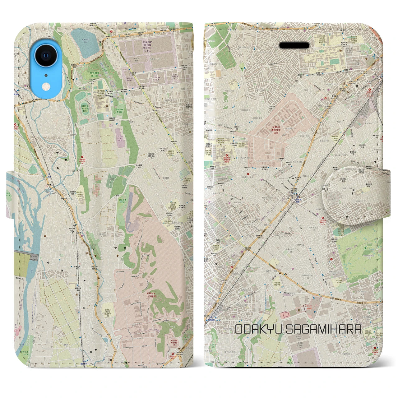 【小田急相模原】地図柄iPhoneケース（手帳両面タイプ・ナチュラル）iPhone XR 用