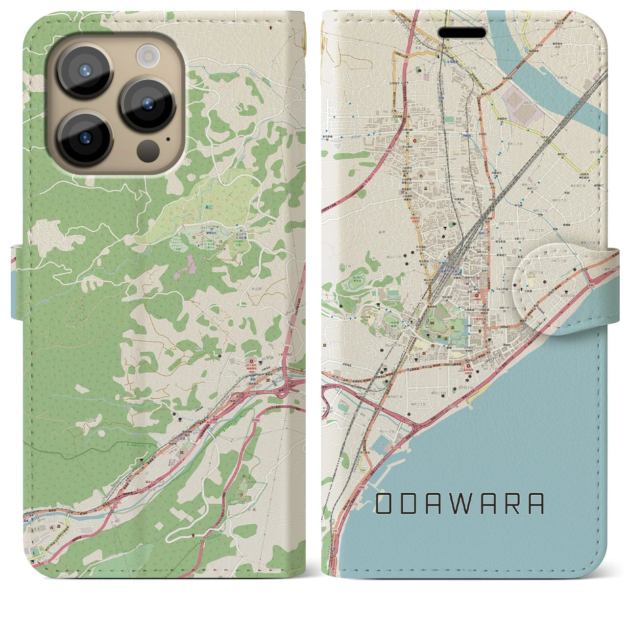 【小田原】地図柄iPhoneケース（手帳両面タイプ・ナチュラル）iPhone 14 Pro Max 用