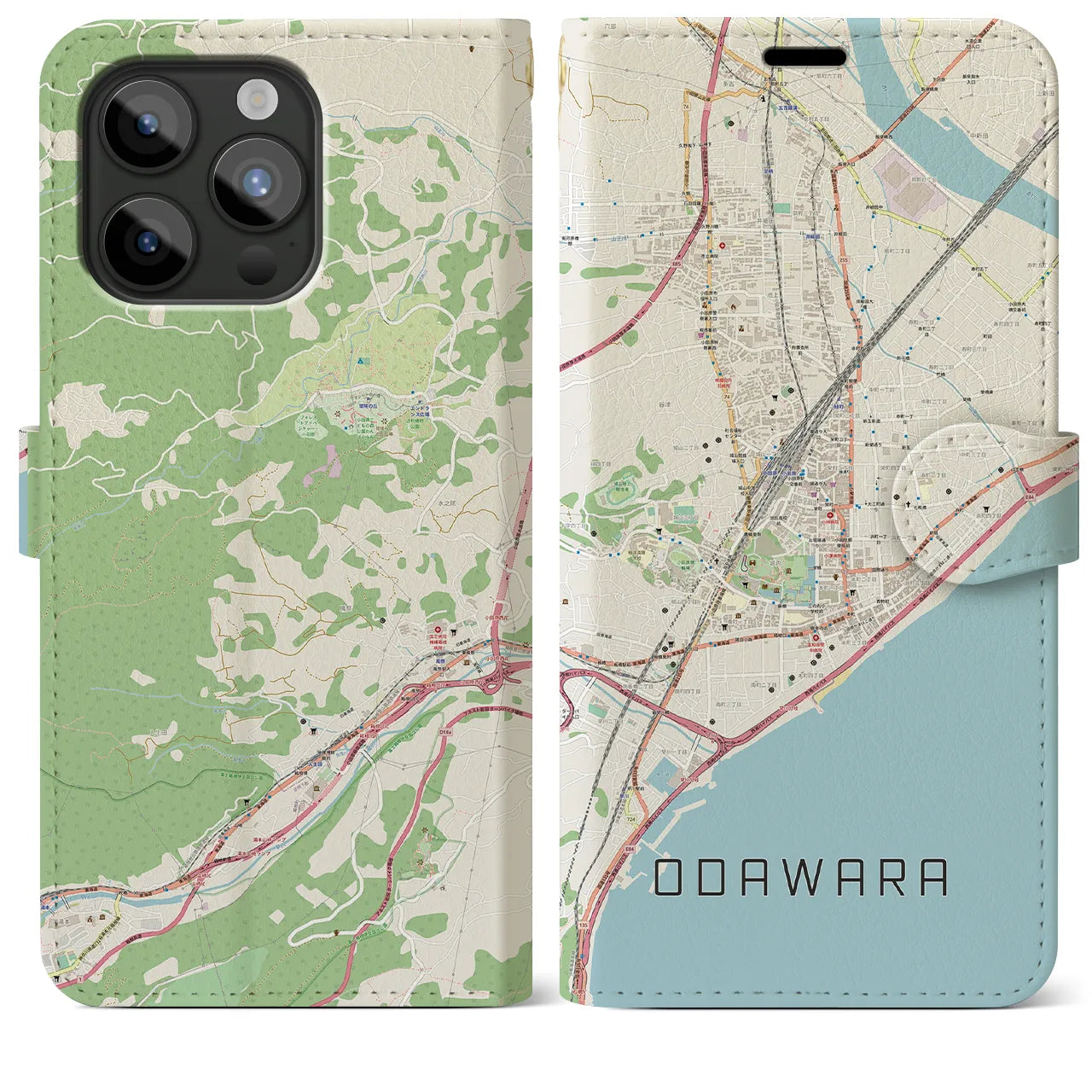 【小田原】地図柄iPhoneケース（手帳両面タイプ・ナチュラル）iPhone 15 Pro Max 用