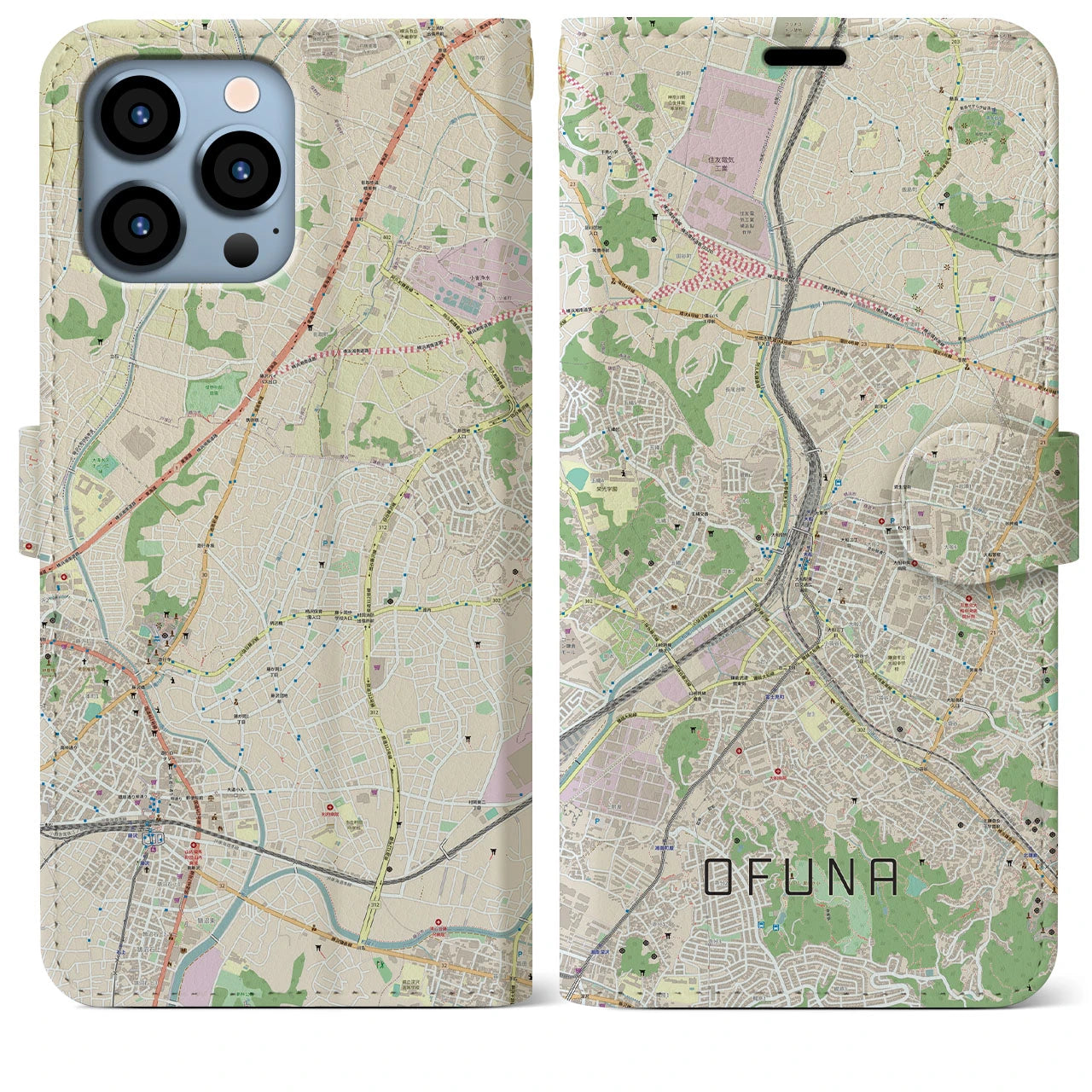 【大船】地図柄iPhoneケース（手帳両面タイプ・ナチュラル）iPhone 13 Pro Max 用