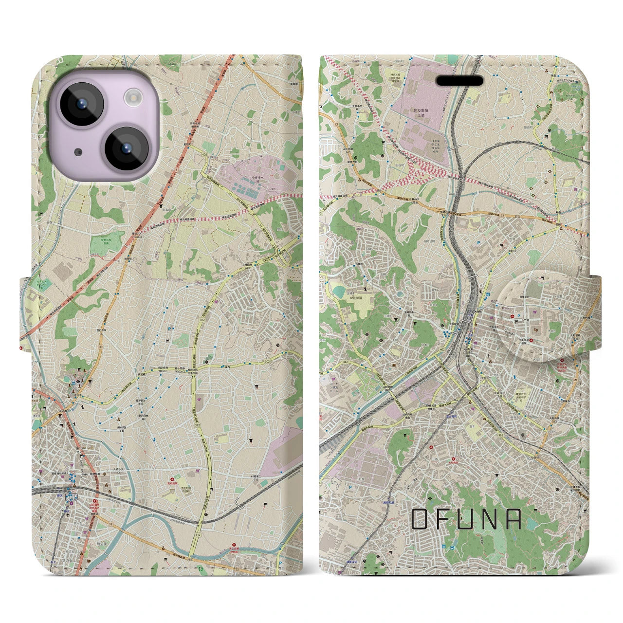 【大船】地図柄iPhoneケース（手帳両面タイプ・ナチュラル）iPhone 14 用