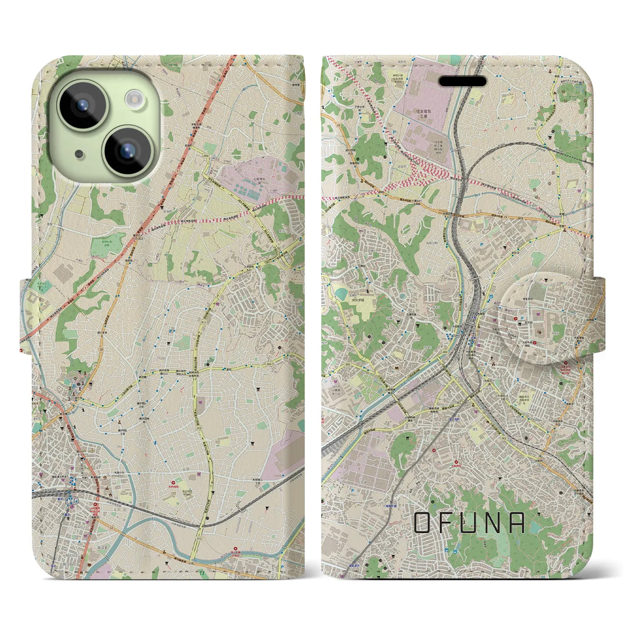 【大船】地図柄iPhoneケース（手帳両面タイプ・ナチュラル）iPhone 15 用