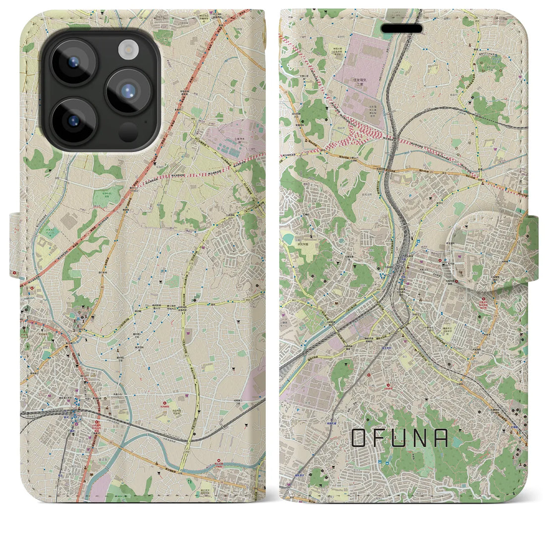 【大船】地図柄iPhoneケース（手帳両面タイプ・ナチュラル）iPhone 15 Pro Max 用
