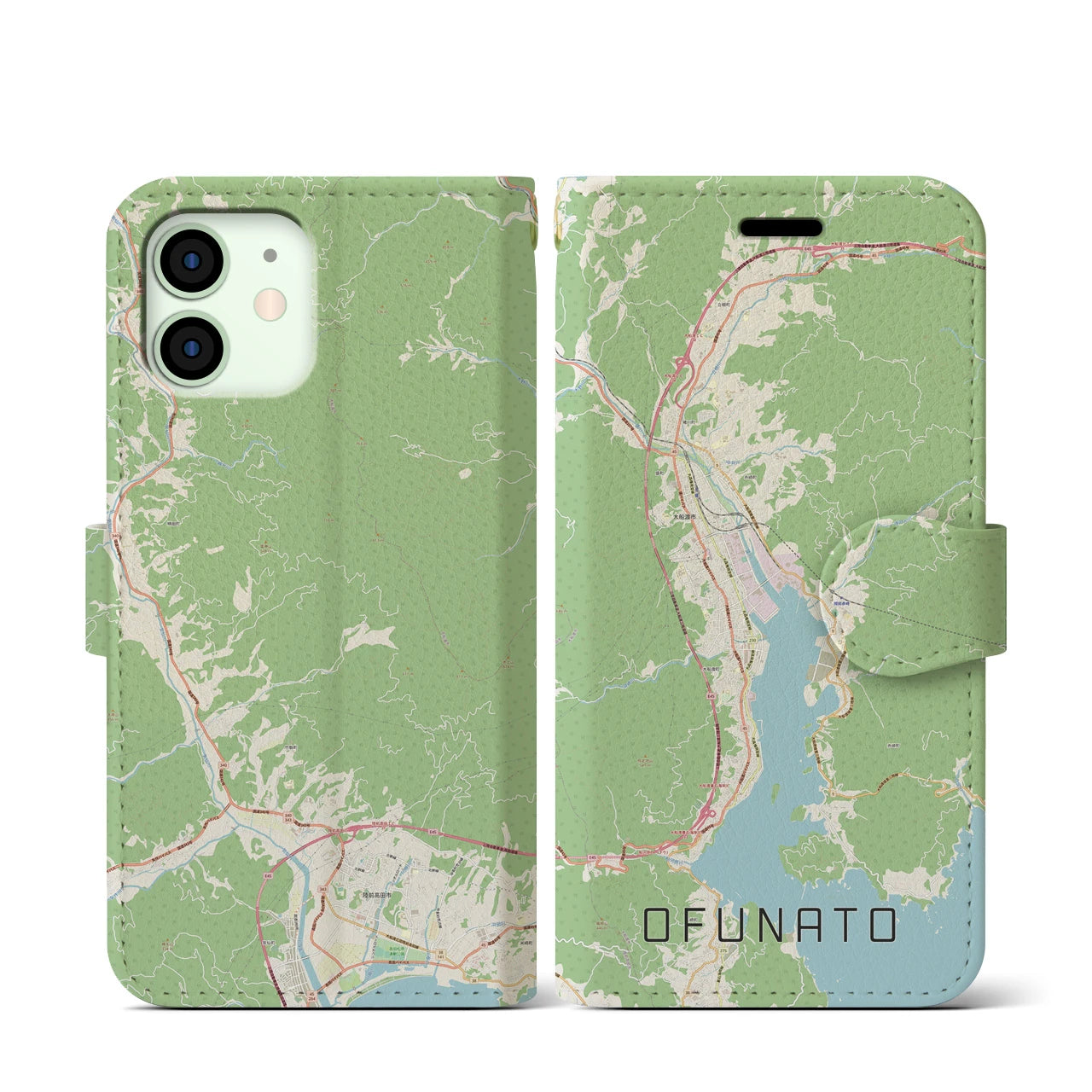【大船渡】地図柄iPhoneケース（手帳両面タイプ・ナチュラル）iPhone 12 mini 用