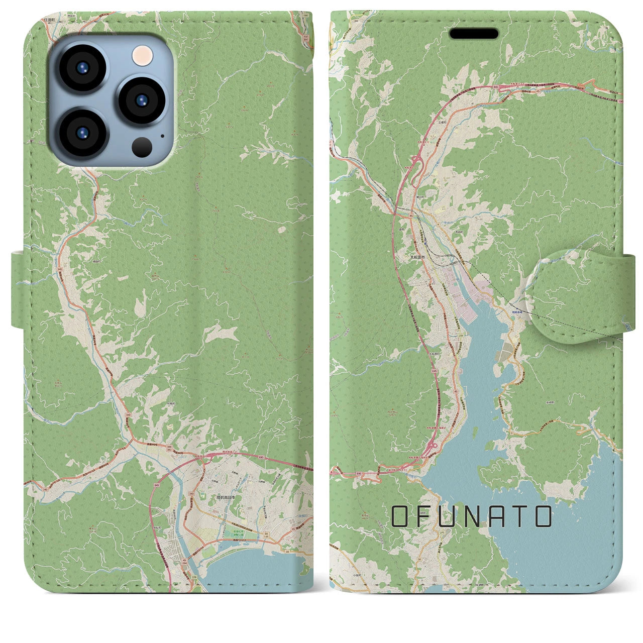 【大船渡】地図柄iPhoneケース（手帳両面タイプ・ナチュラル）iPhone 13 Pro Max 用