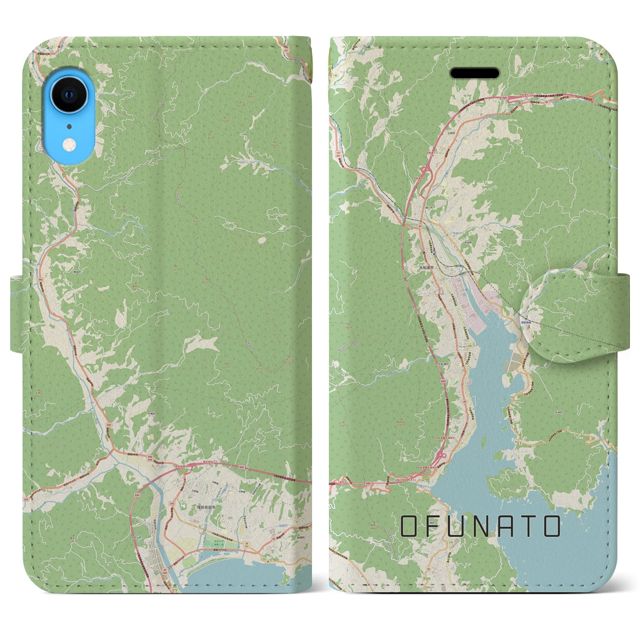 【大船渡】地図柄iPhoneケース（手帳両面タイプ・ナチュラル）iPhone XR 用