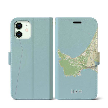 【男鹿（秋田県）】地図柄iPhoneケース（手帳タイプ）ナチュラル・iPhone 12 mini 用