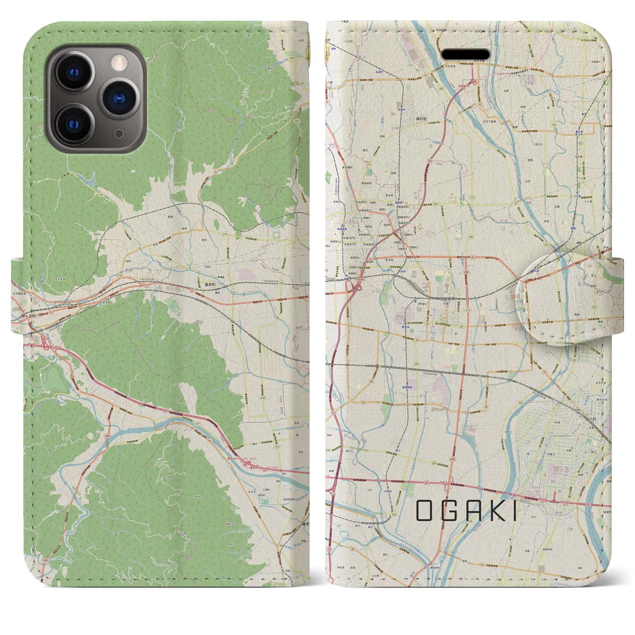 【大垣】地図柄iPhoneケース（手帳両面タイプ・ナチュラル）iPhone 11 Pro Max 用