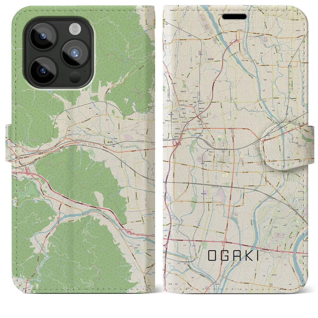【大垣】地図柄iPhoneケース（手帳両面タイプ・ナチュラル）iPhone 15 Pro Max 用