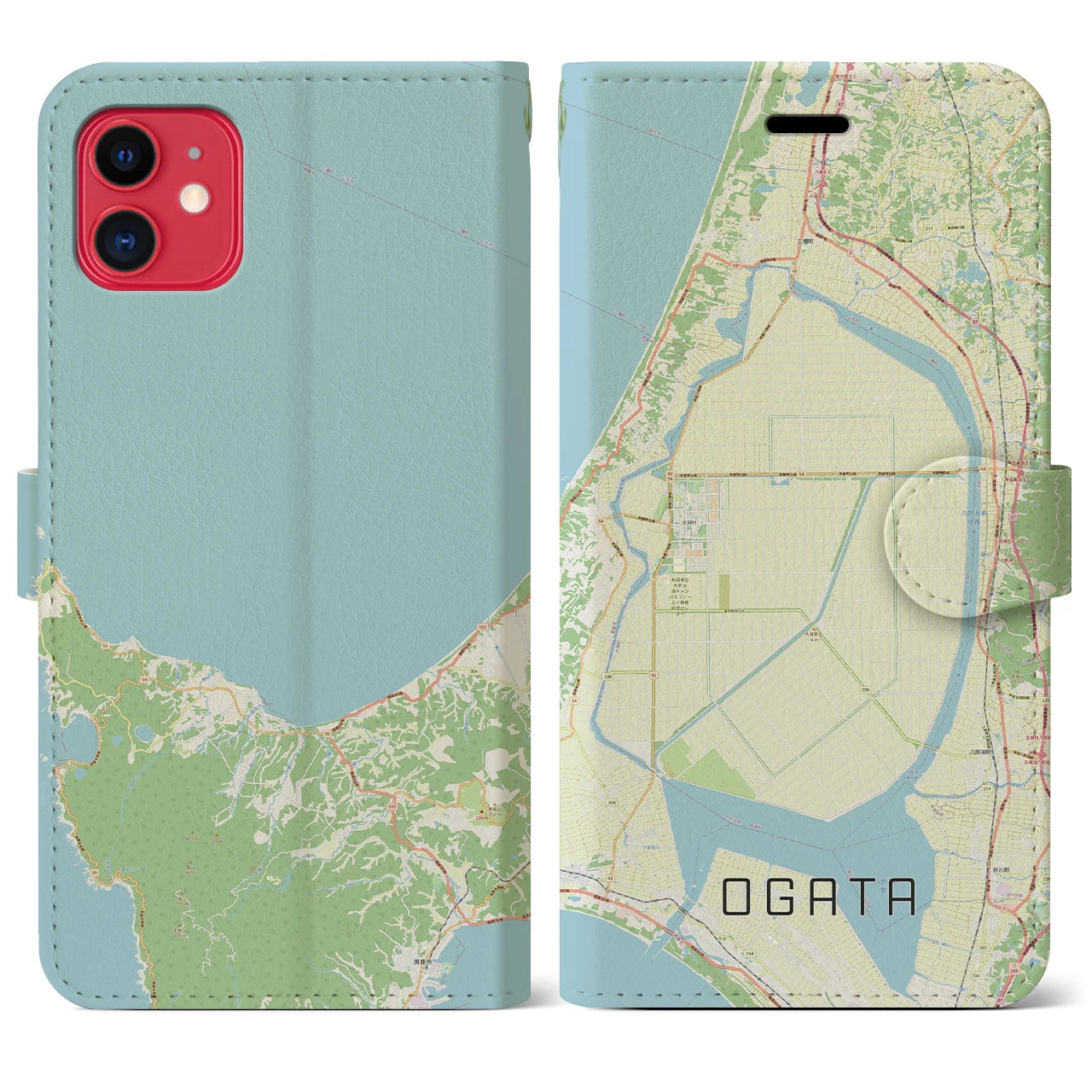 【大潟】地図柄iPhoneケース（手帳両面タイプ・ナチュラル）iPhone 11 用