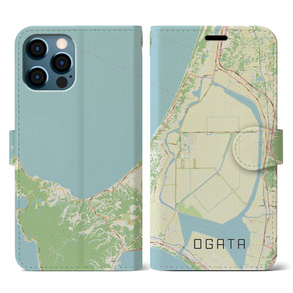 【大潟（秋田県）】地図柄iPhoneケース（手帳タイプ）ナチュラル・iPhone 12 / 12 Pro 用