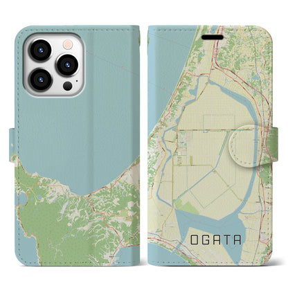 【大潟（秋田県）】地図柄iPhoneケース（手帳タイプ）ナチュラル・iPhone 13 Pro 用