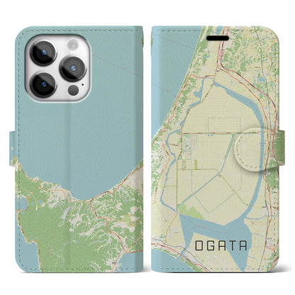 【大潟（秋田県）】地図柄iPhoneケース（手帳タイプ）ナチュラル・iPhone 14 Pro 用