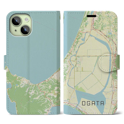 【大潟（秋田県）】地図柄iPhoneケース（手帳タイプ）ナチュラル・iPhone 15 用