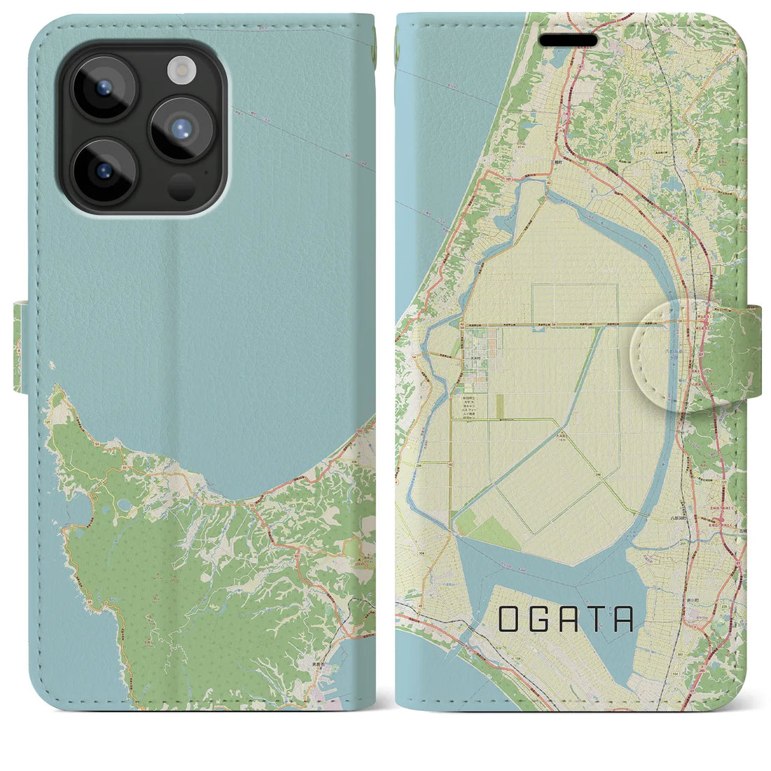 【大潟】地図柄iPhoneケース（手帳両面タイプ・ナチュラル）iPhone 15 Pro Max 用