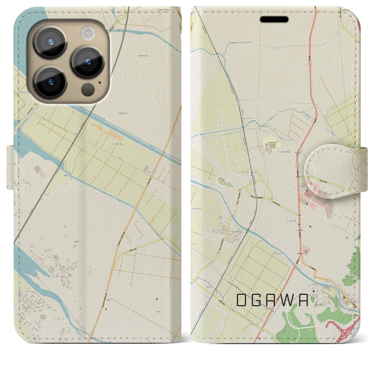 【小川（熊本県）】地図柄iPhoneケース（手帳両面タイプ・ナチュラル）iPhone 14 Pro Max 用