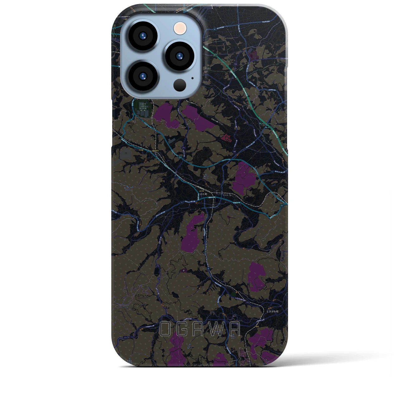 【小川（埼玉県）】地図柄iPhoneケース（バックカバータイプ・ブラック）iPhone 13 Pro Max 用
