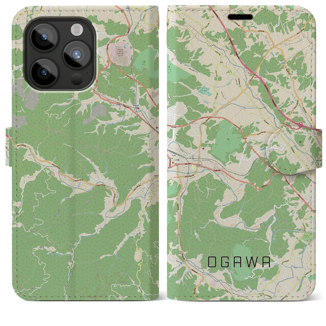 【小川（埼玉県）】地図柄iPhoneケース（手帳両面タイプ・ナチュラル）iPhone 15 Pro Max 用