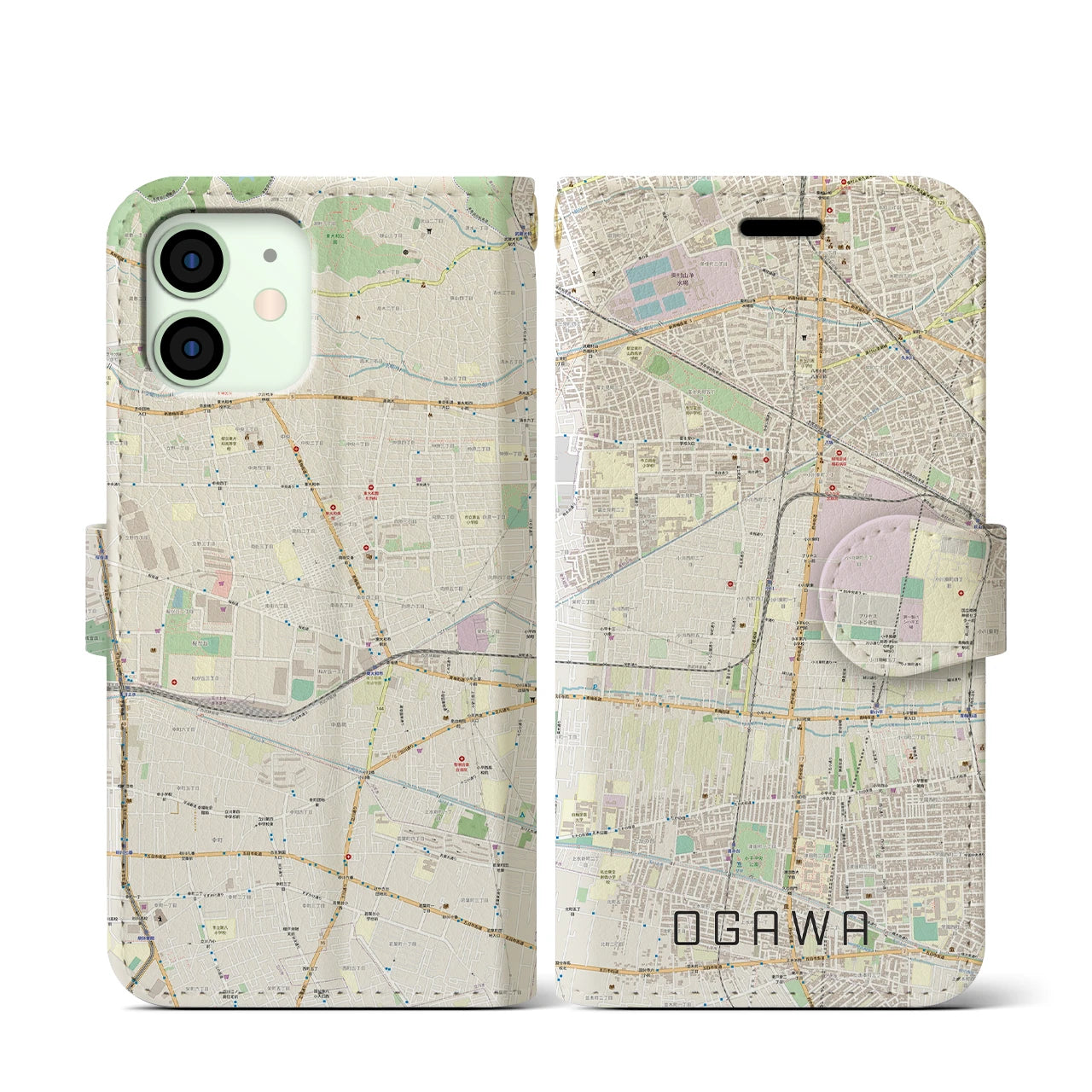 【小川】地図柄iPhoneケース（手帳両面タイプ・ナチュラル）iPhone 12 mini 用