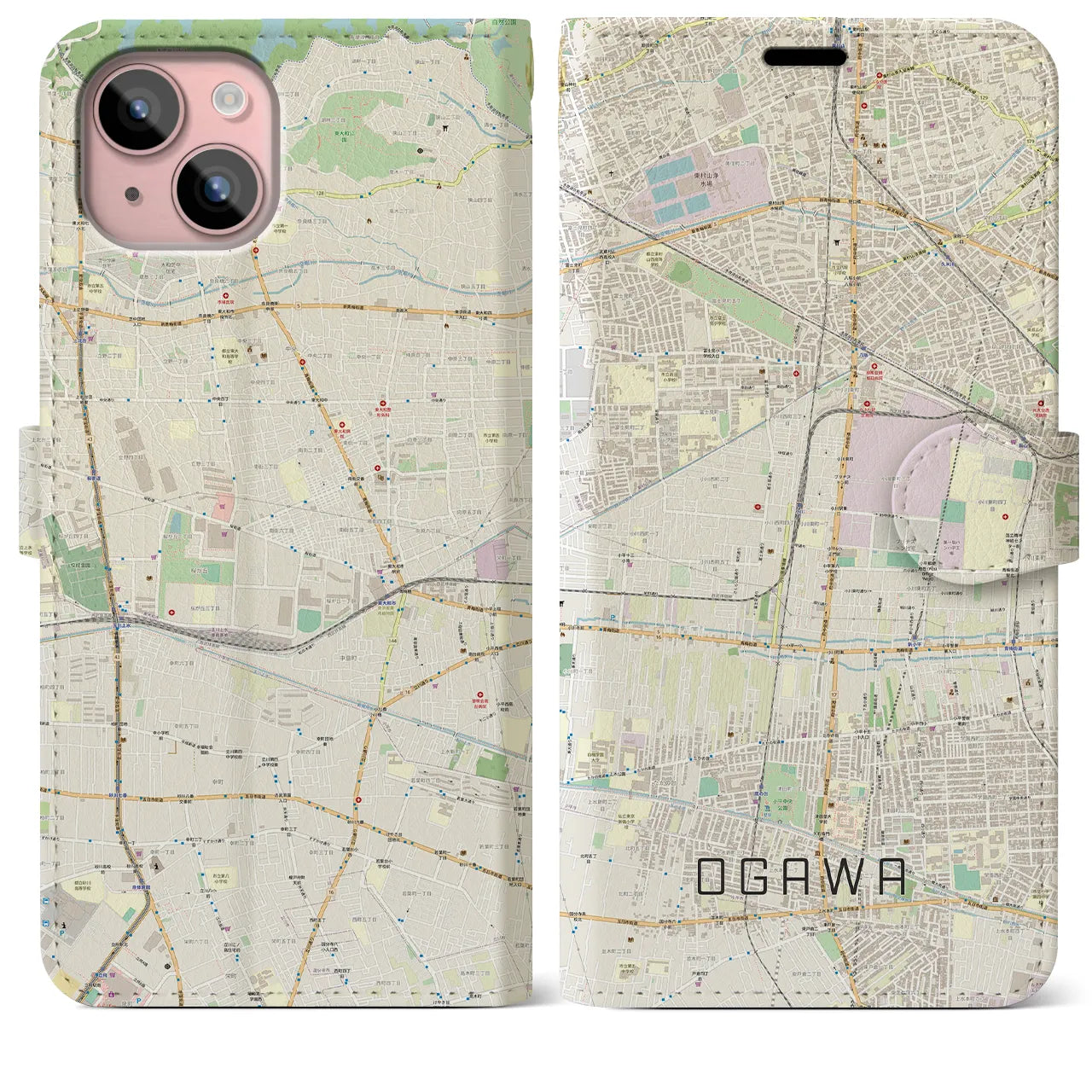 【小川】地図柄iPhoneケース（手帳両面タイプ・ナチュラル）iPhone 15 Plus 用