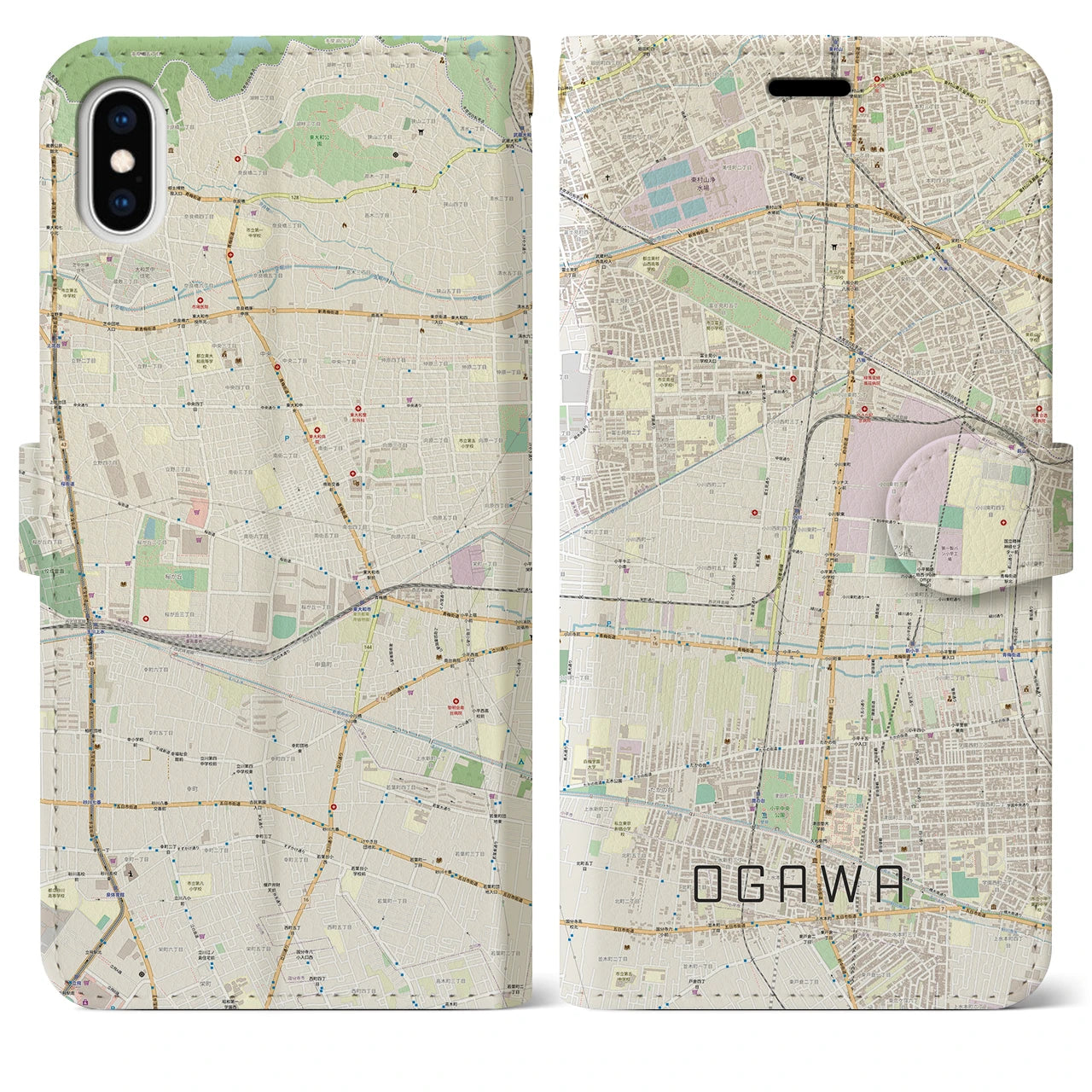 【小川】地図柄iPhoneケース（手帳両面タイプ・ナチュラル）iPhone XS Max 用