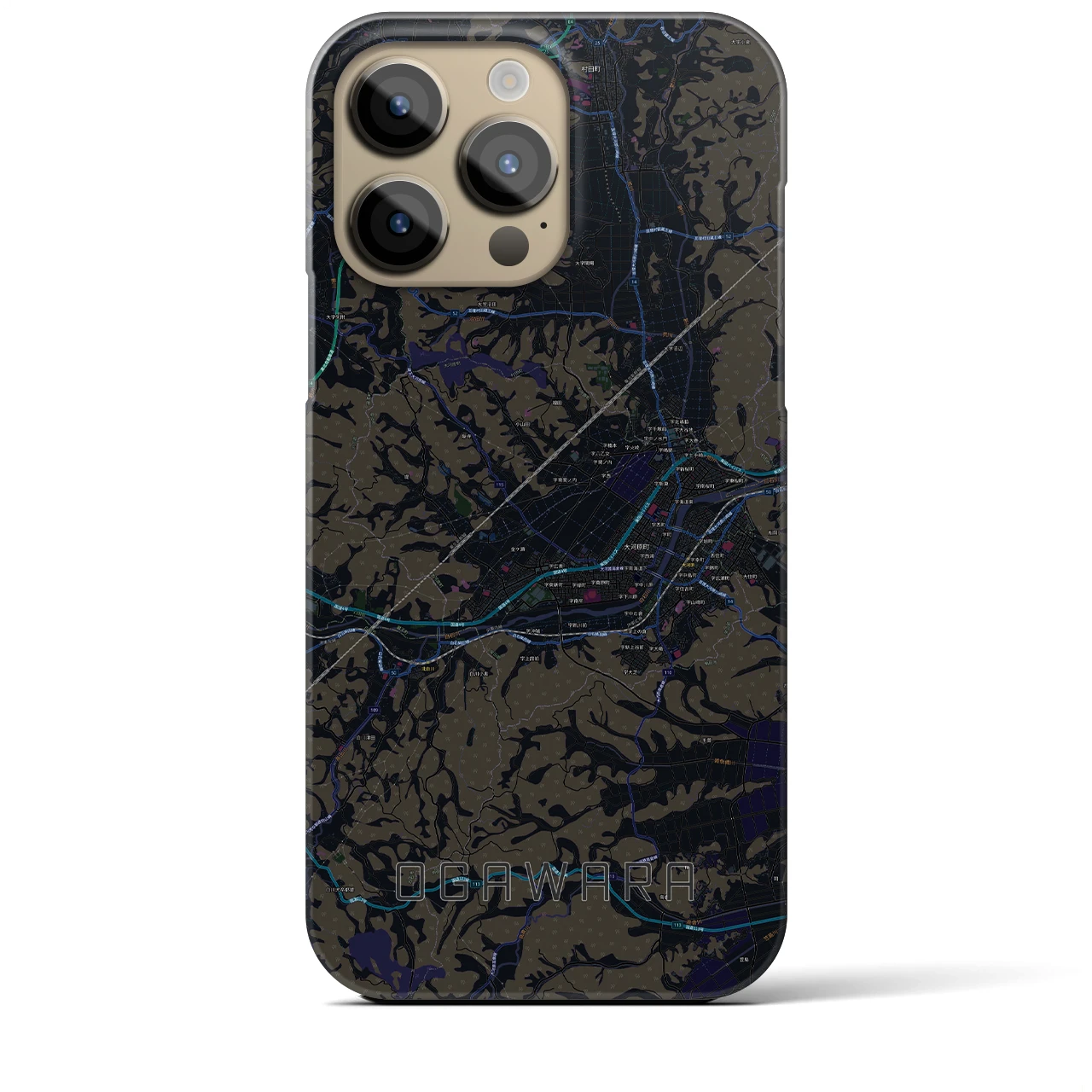 【大河原】地図柄iPhoneケース（バックカバータイプ・ブラック）iPhone 14 Pro Max 用