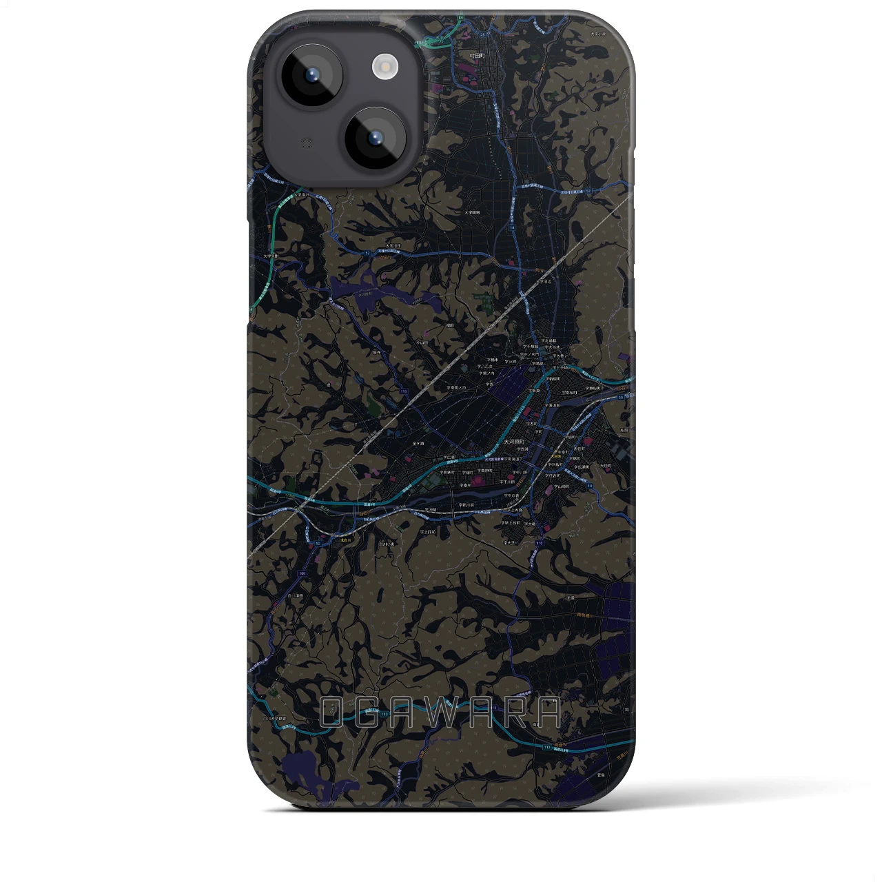 【大河原】地図柄iPhoneケース（バックカバータイプ・ブラック）iPhone 14 Plus 用