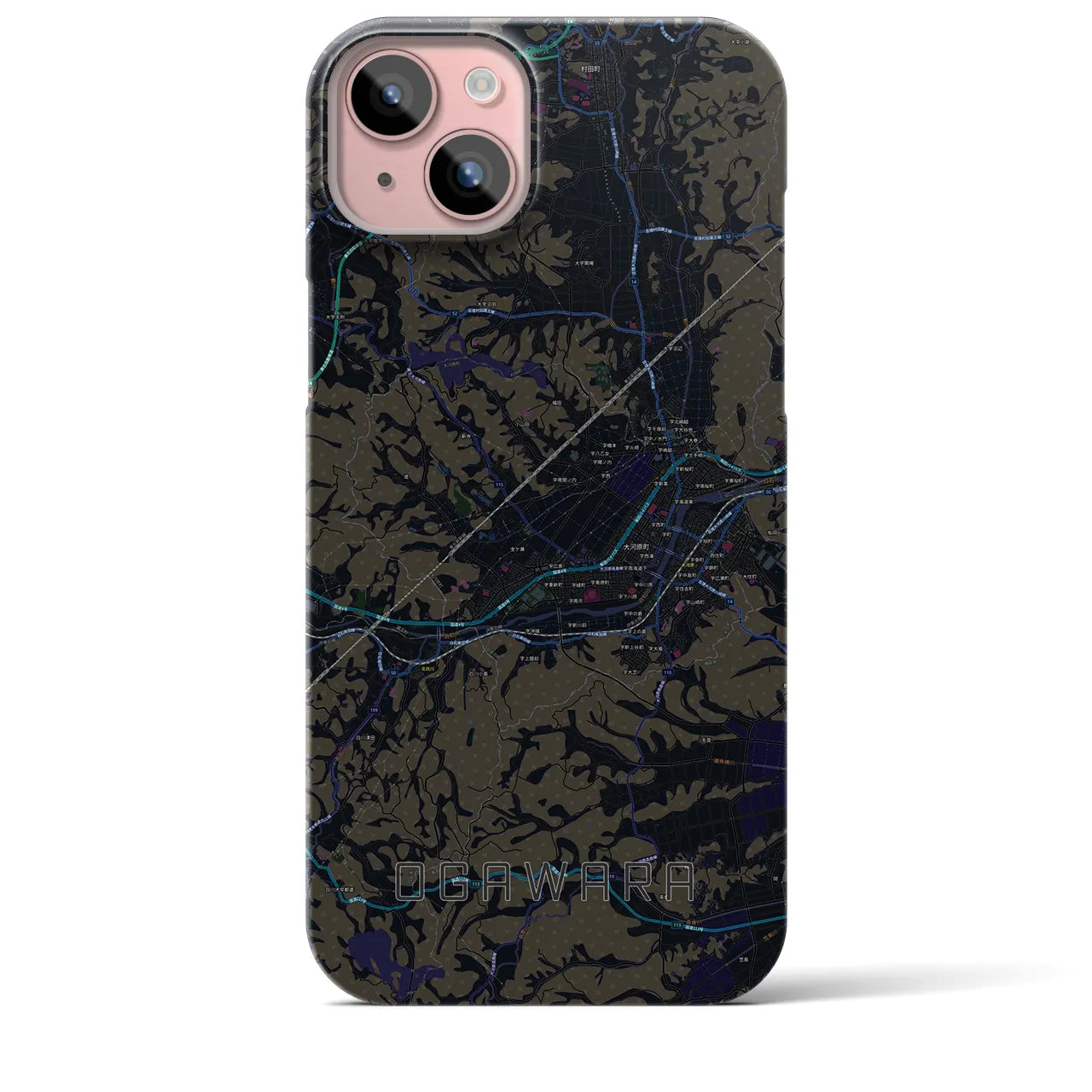 【大河原】地図柄iPhoneケース（バックカバータイプ・ブラック）iPhone 15 Plus 用