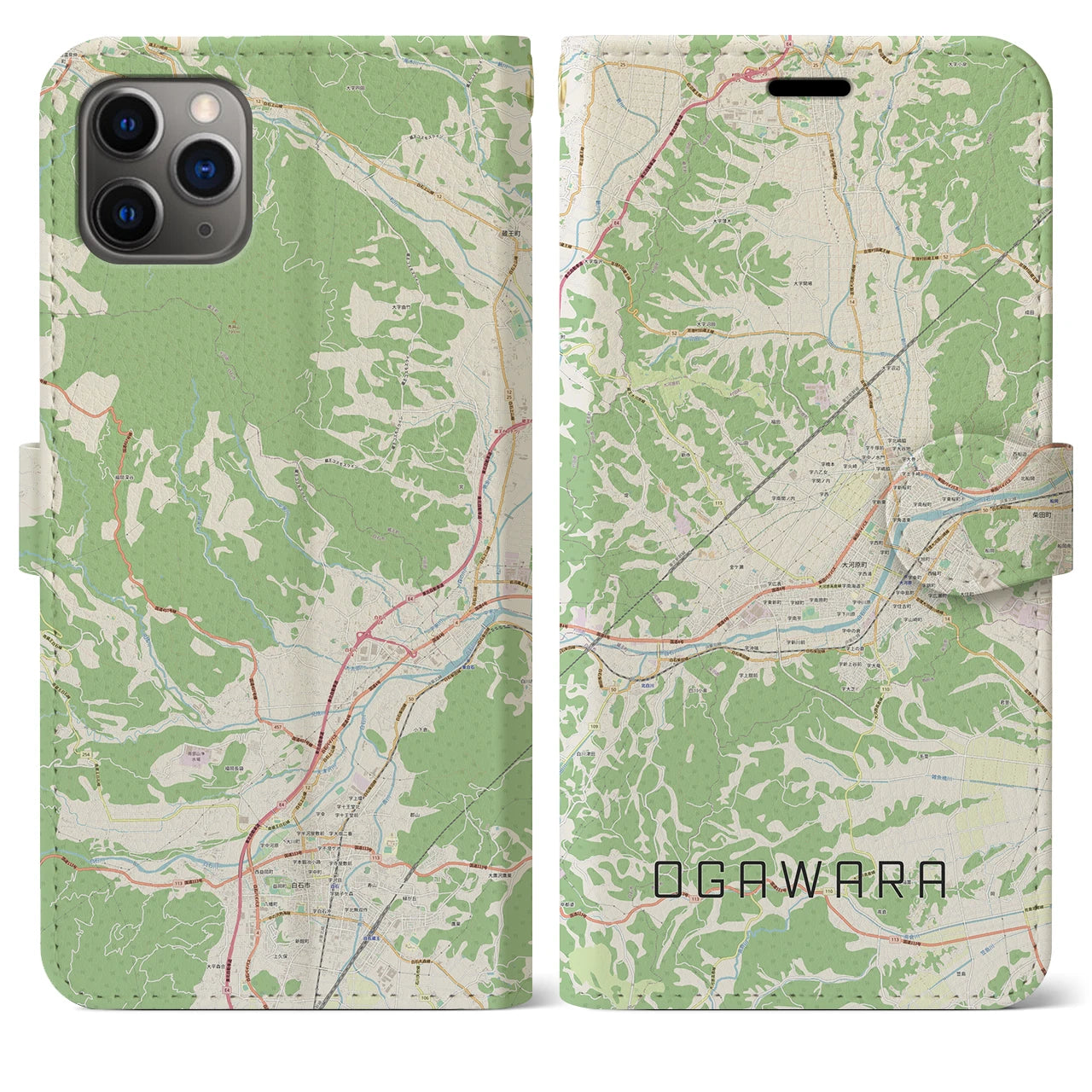 【大河原】地図柄iPhoneケース（手帳両面タイプ・ナチュラル）iPhone 11 Pro Max 用