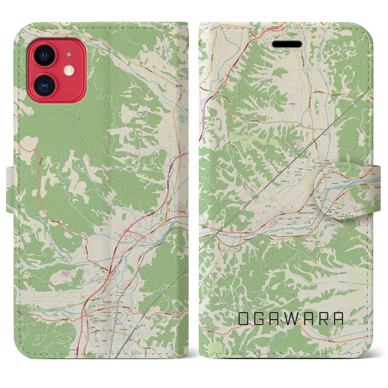 【大河原】地図柄iPhoneケース（手帳両面タイプ・ナチュラル）iPhone 11 用