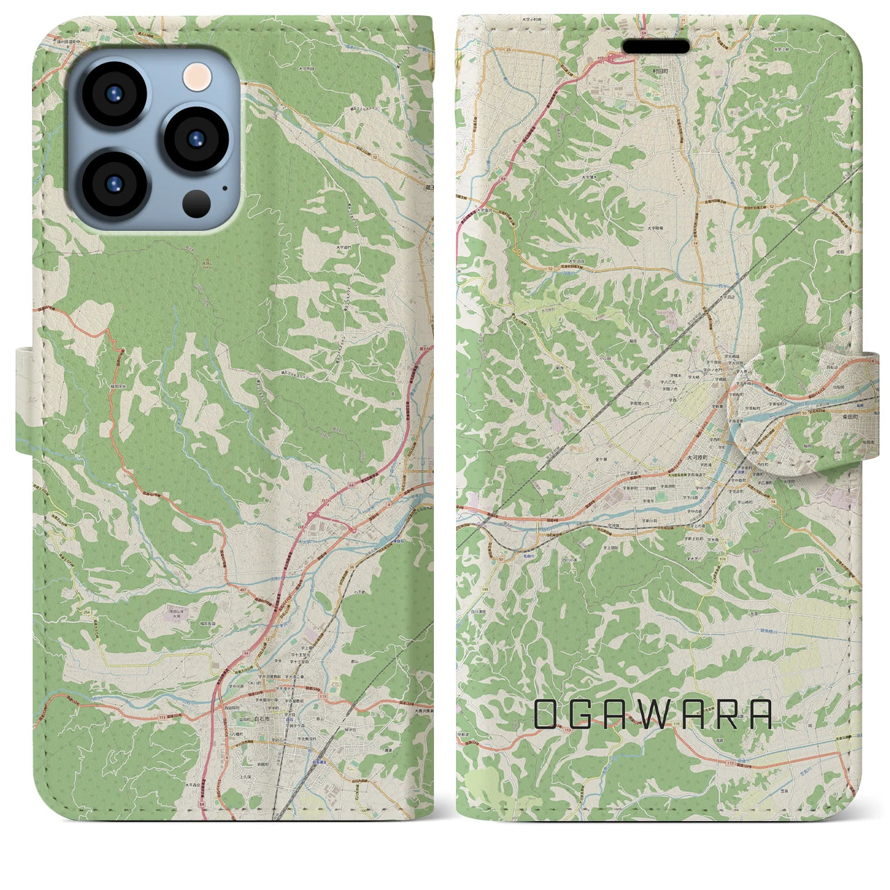 【大河原】地図柄iPhoneケース（手帳両面タイプ・ナチュラル）iPhone 13 Pro Max 用