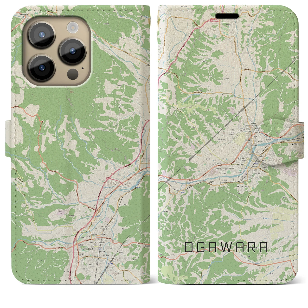 【大河原】地図柄iPhoneケース（手帳両面タイプ・ナチュラル）iPhone 14 Pro Max 用