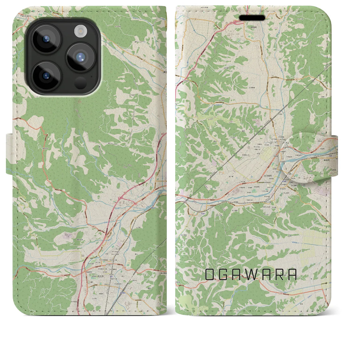 【大河原】地図柄iPhoneケース（手帳両面タイプ・ナチュラル）iPhone 15 Pro Max 用