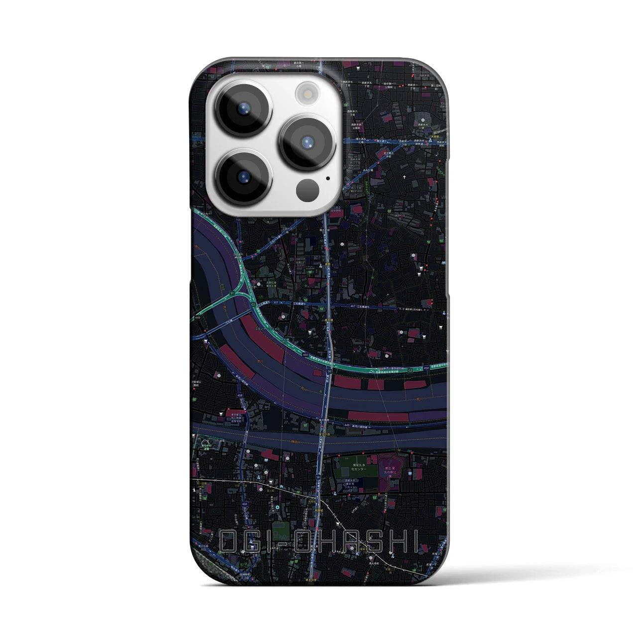 【扇大橋】地図柄iPhoneケース（バックカバータイプ・ブラック）iPhone 14 Pro 用