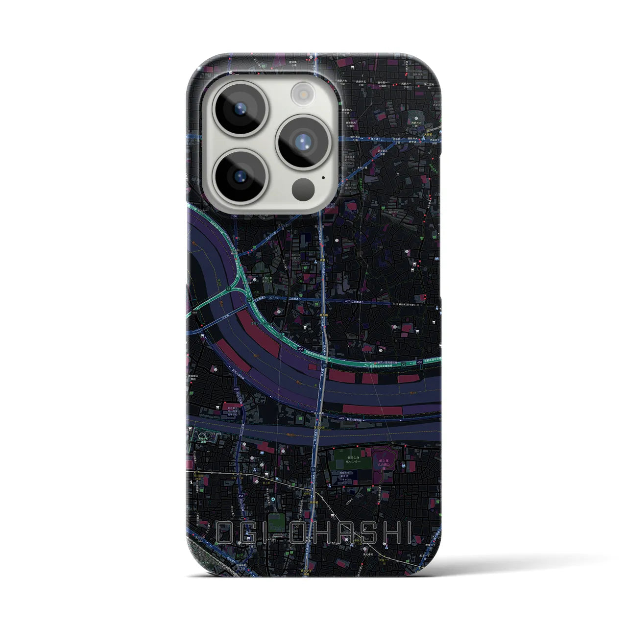 【扇大橋】地図柄iPhoneケース（バックカバータイプ・ブラック）iPhone 15 Pro 用