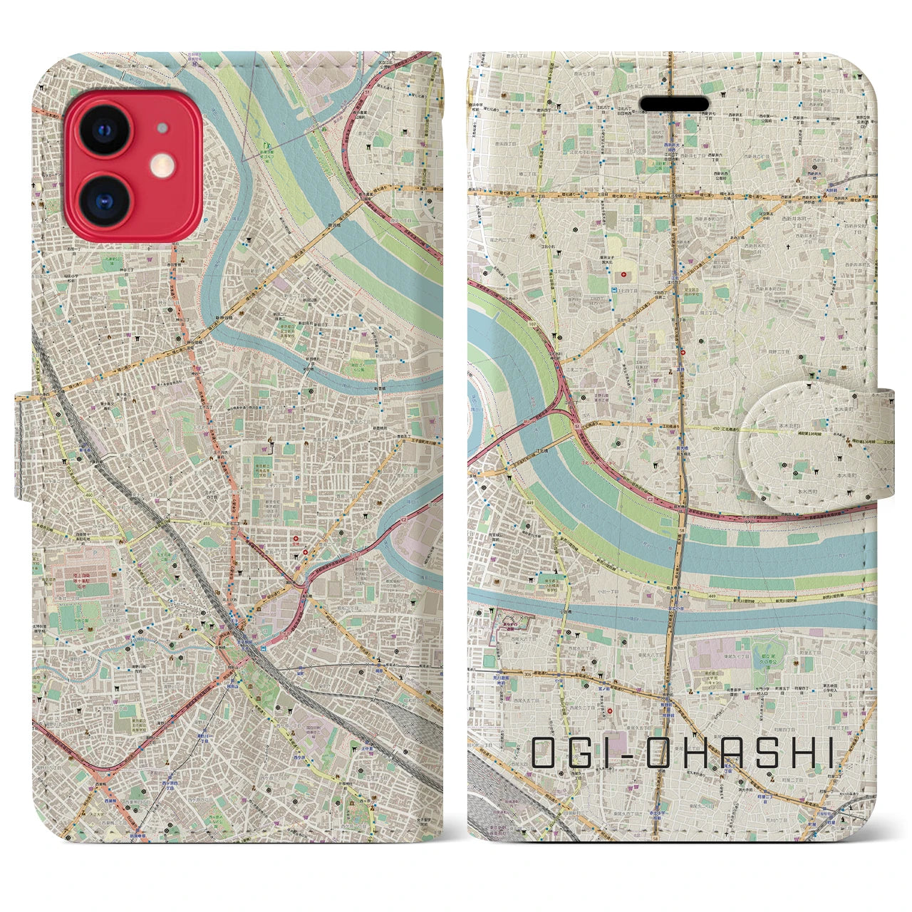 【扇大橋】地図柄iPhoneケース（手帳両面タイプ・ナチュラル）iPhone 11 用