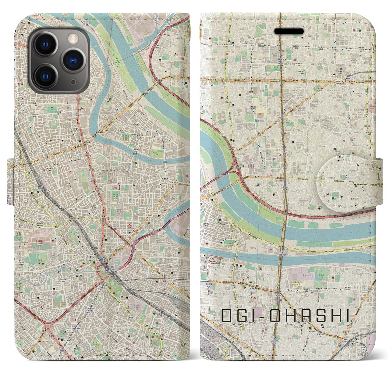 【扇大橋】地図柄iPhoneケース（手帳両面タイプ・ナチュラル）iPhone 11 Pro Max 用