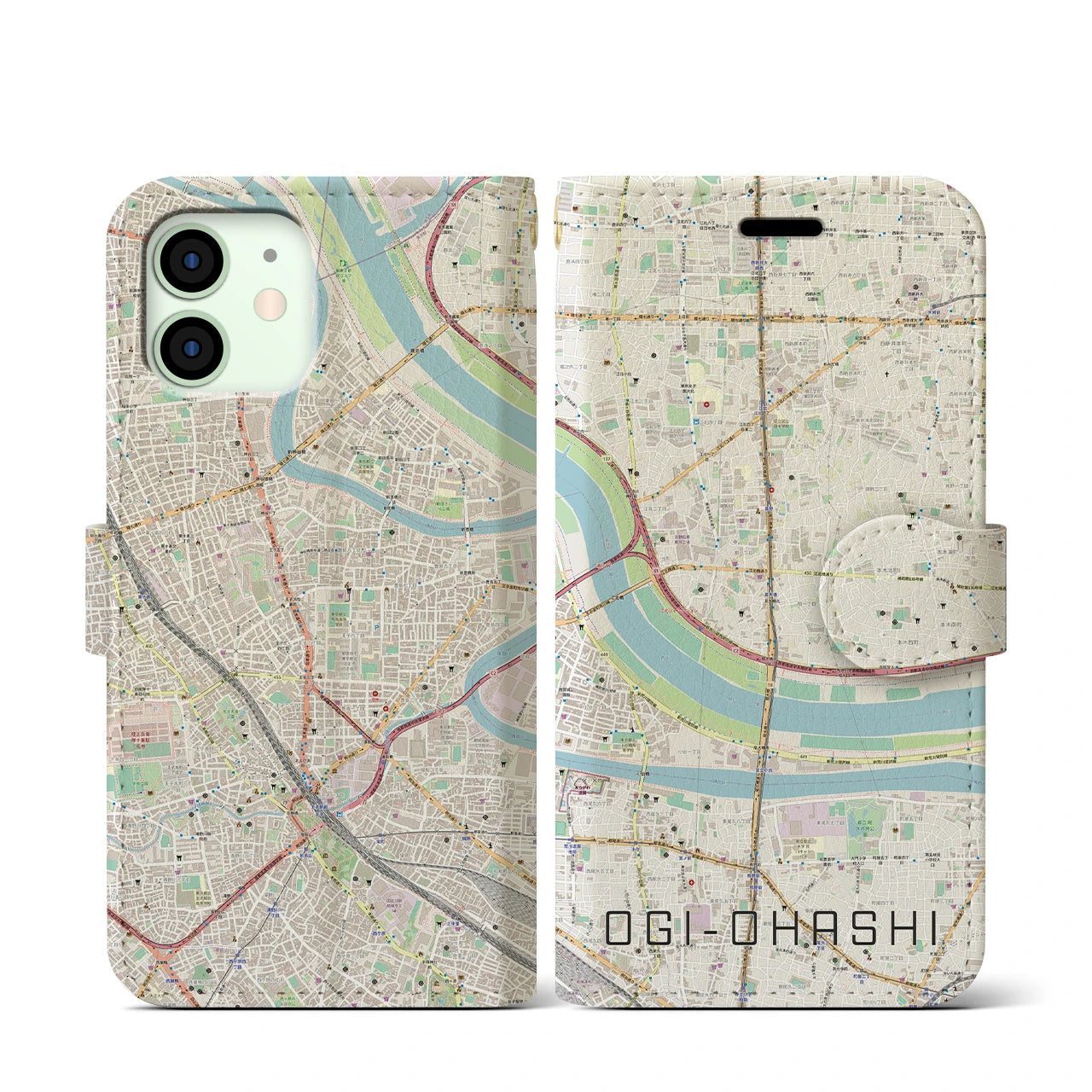 【扇大橋】地図柄iPhoneケース（手帳両面タイプ・ナチュラル）iPhone 12 mini 用