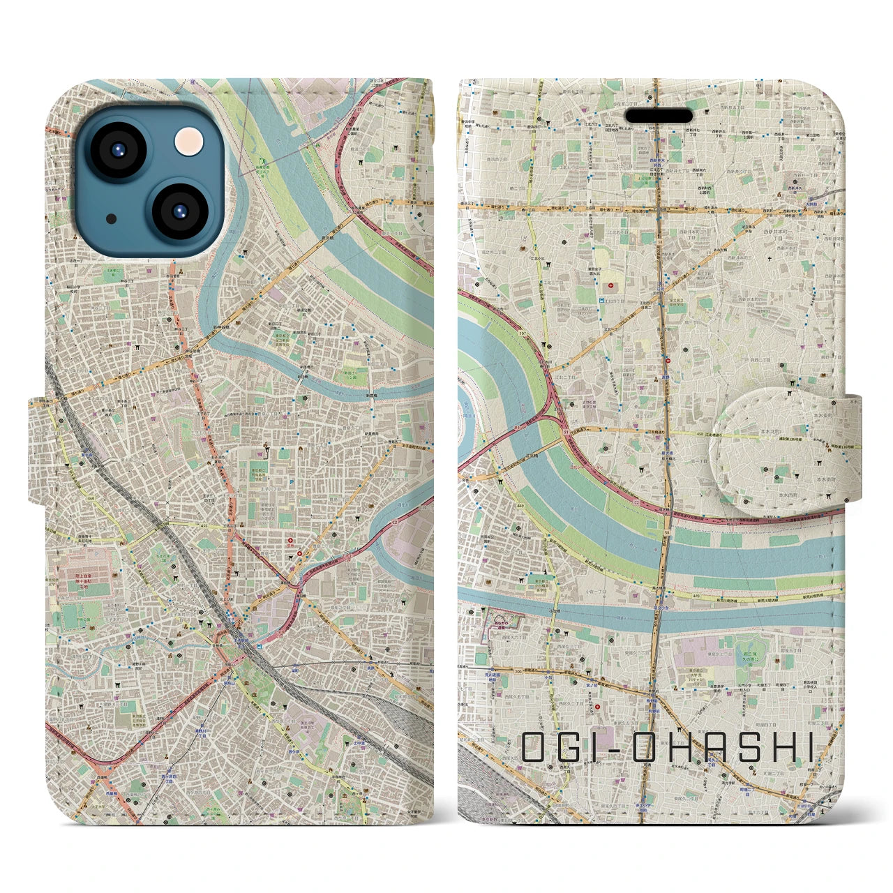 【扇大橋】地図柄iPhoneケース（手帳両面タイプ・ナチュラル）iPhone 13 用