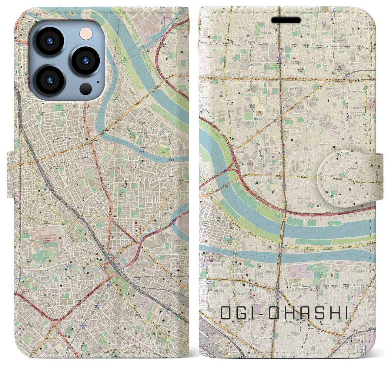 【扇大橋】地図柄iPhoneケース（手帳両面タイプ・ナチュラル）iPhone 13 Pro Max 用