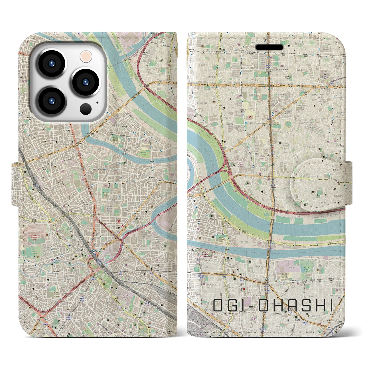 【扇大橋】地図柄iPhoneケース（手帳両面タイプ・ナチュラル）iPhone 13 Pro 用