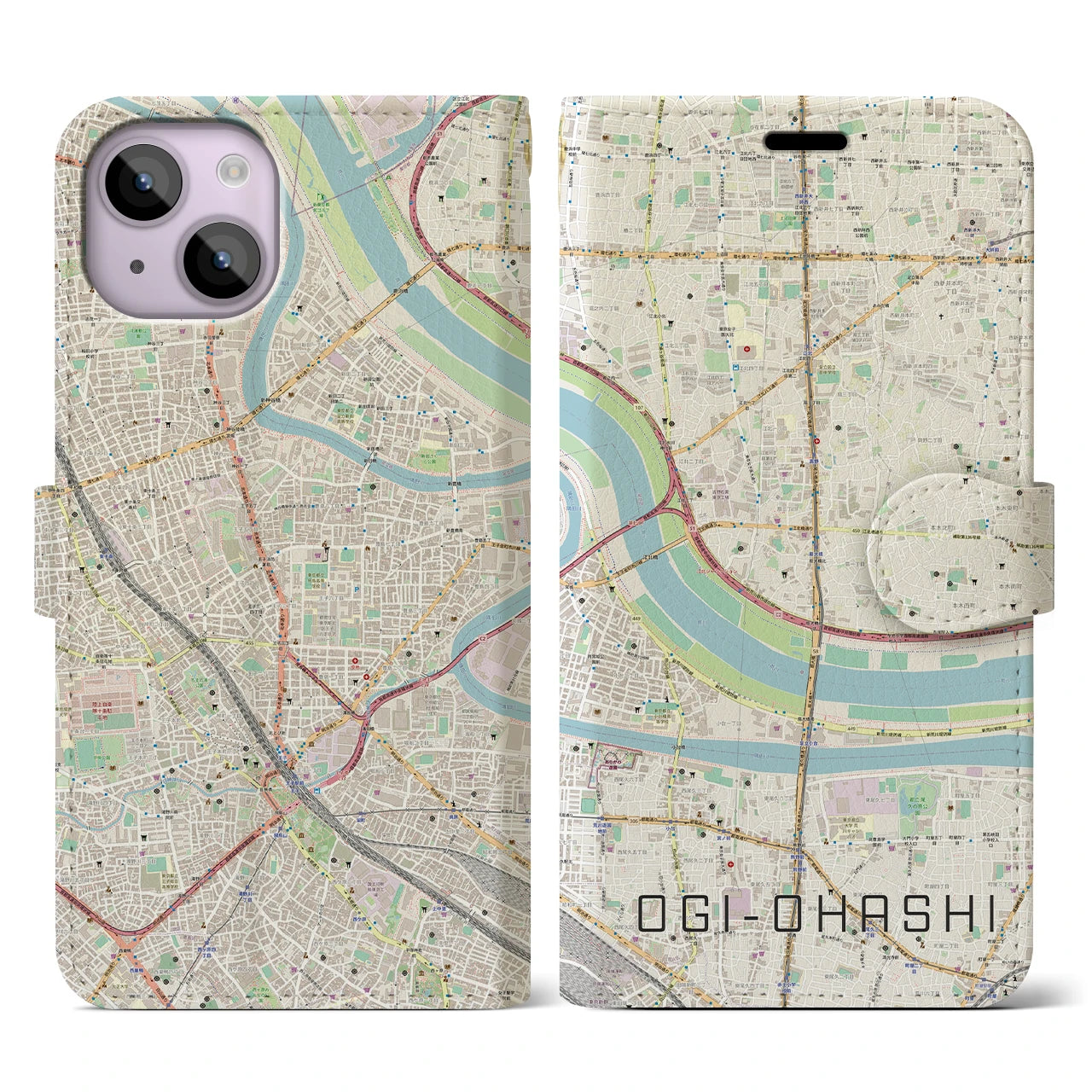 【扇大橋】地図柄iPhoneケース（手帳両面タイプ・ナチュラル）iPhone 14 用