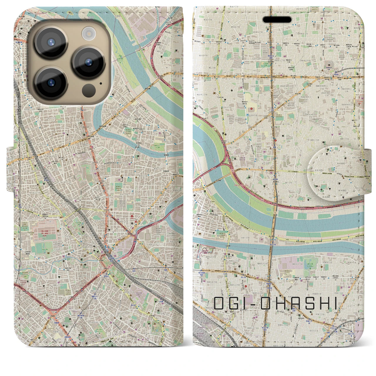 【扇大橋】地図柄iPhoneケース（手帳両面タイプ・ナチュラル）iPhone 14 Pro Max 用