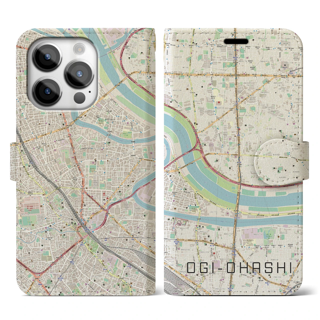 【扇大橋】地図柄iPhoneケース（手帳両面タイプ・ナチュラル）iPhone 14 Pro 用