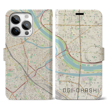 【扇大橋（東京都）】地図柄iPhoneケース（手帳タイプ）ナチュラル・iPhone 14 Pro 用