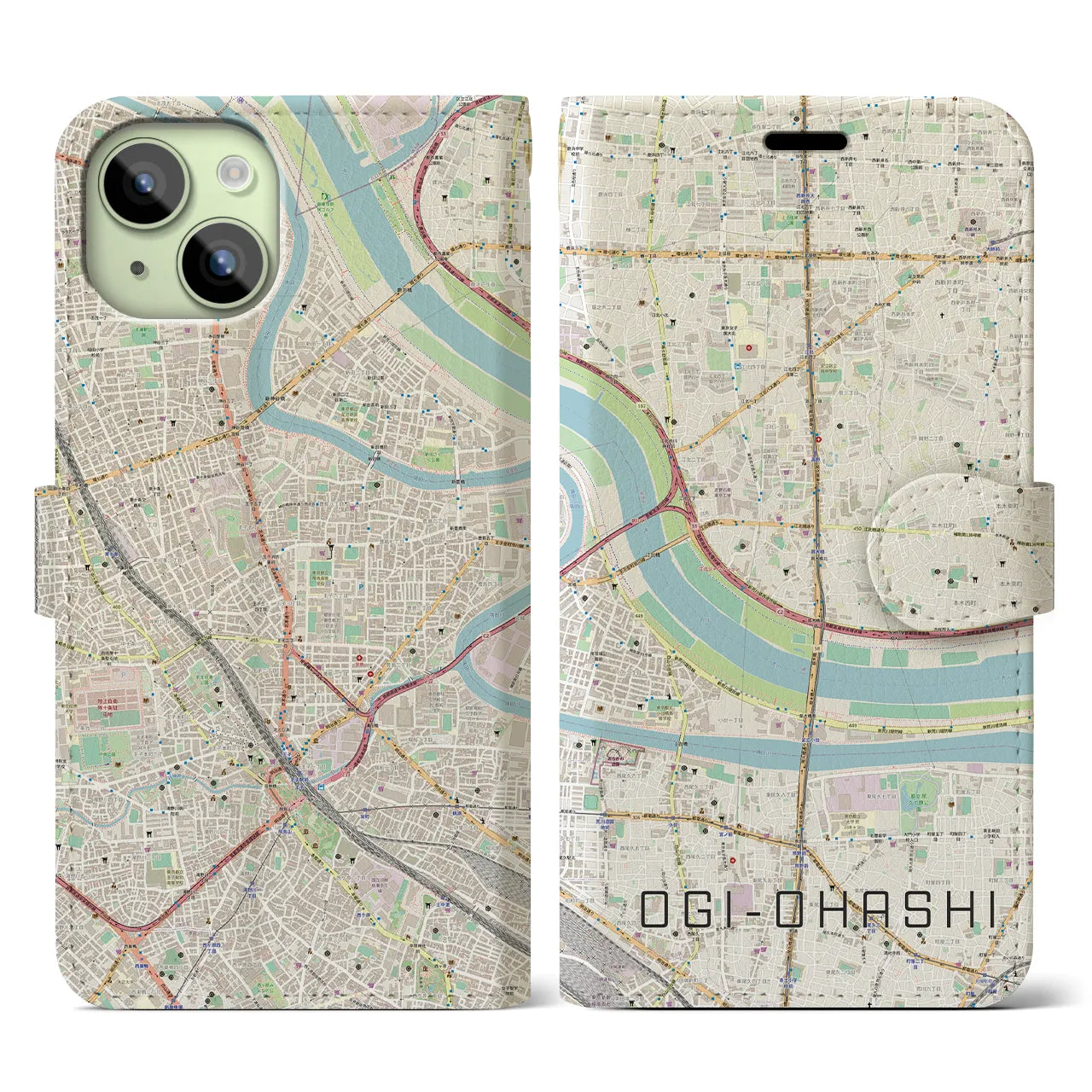 【扇大橋】地図柄iPhoneケース（手帳両面タイプ・ナチュラル）iPhone 15 用