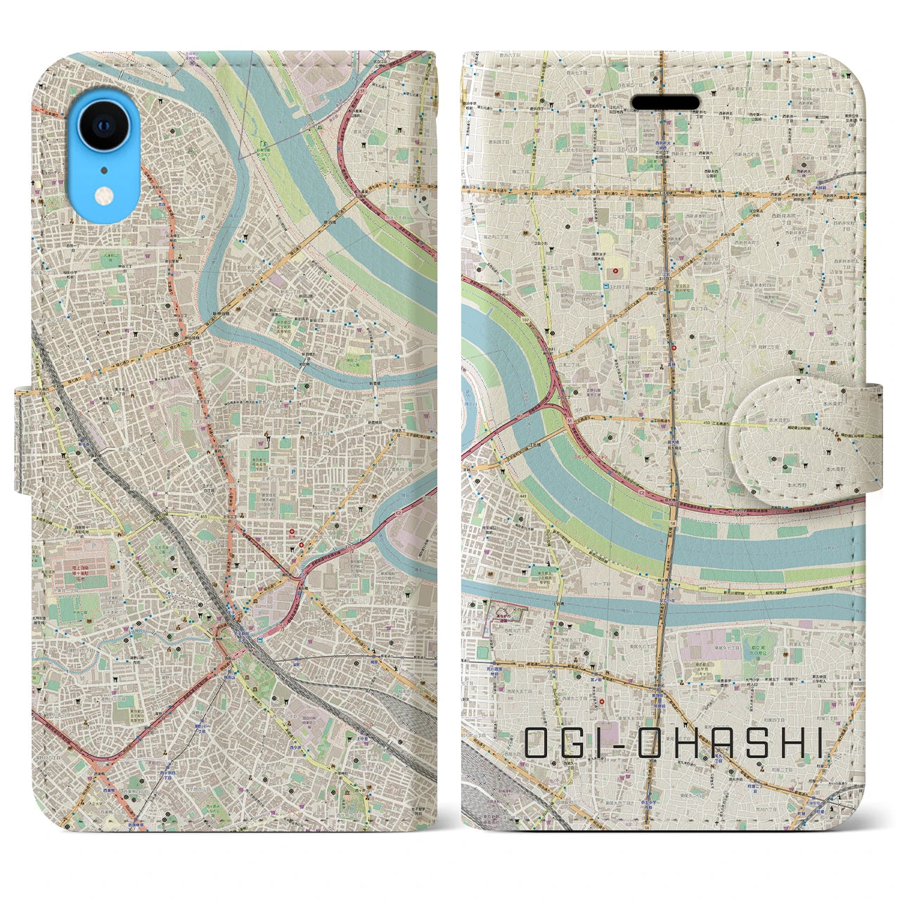 【扇大橋】地図柄iPhoneケース（手帳両面タイプ・ナチュラル）iPhone XR 用