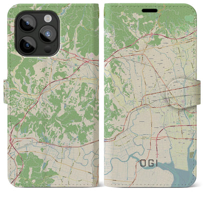 【小城（佐賀県）】地図柄iPhoneケース（手帳タイプ）ナチュラル・iPhone 15 Pro Max 用