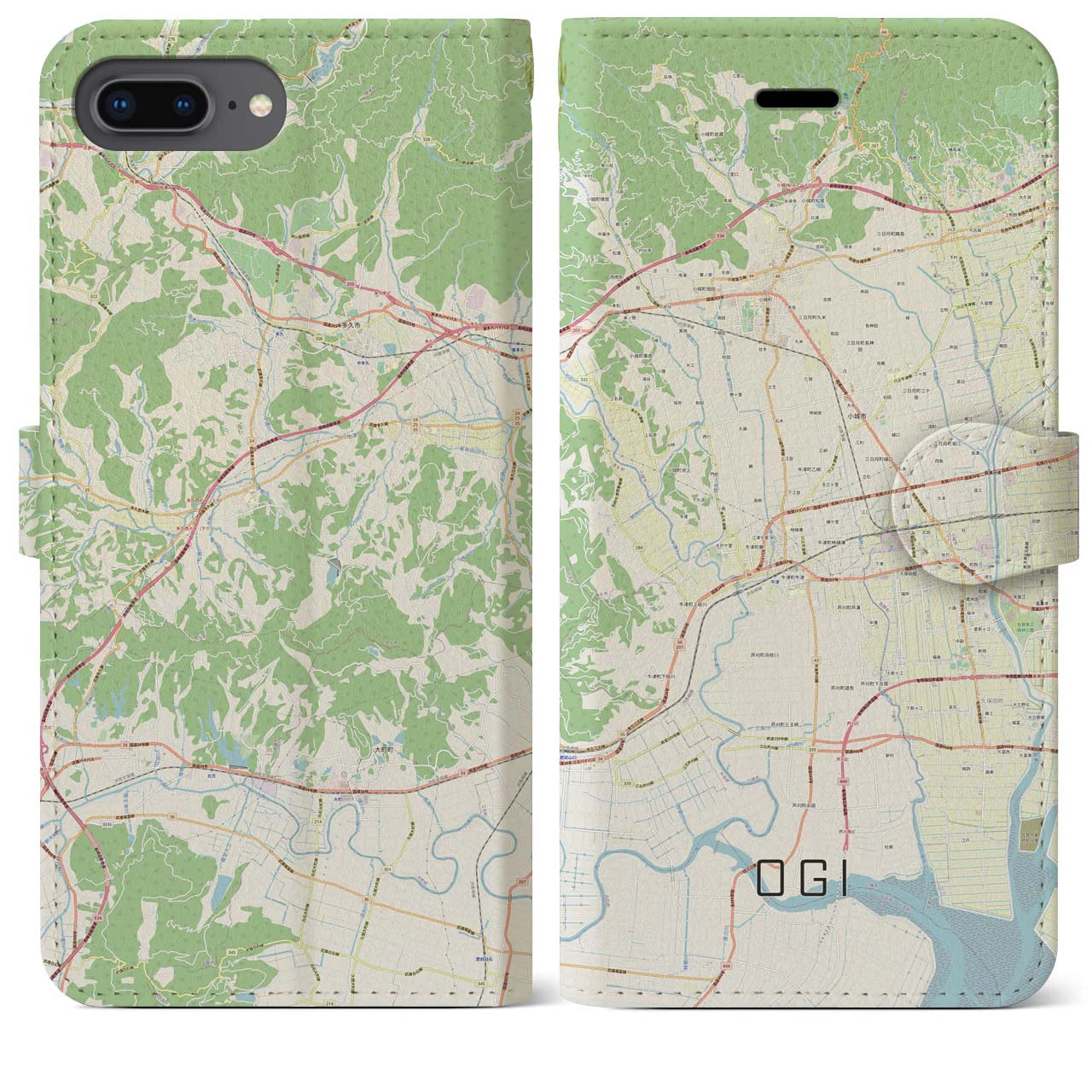 【小城】地図柄iPhoneケース（手帳両面タイプ・ナチュラル）iPhone 8Plus /7Plus / 6sPlus / 6Plus 用
